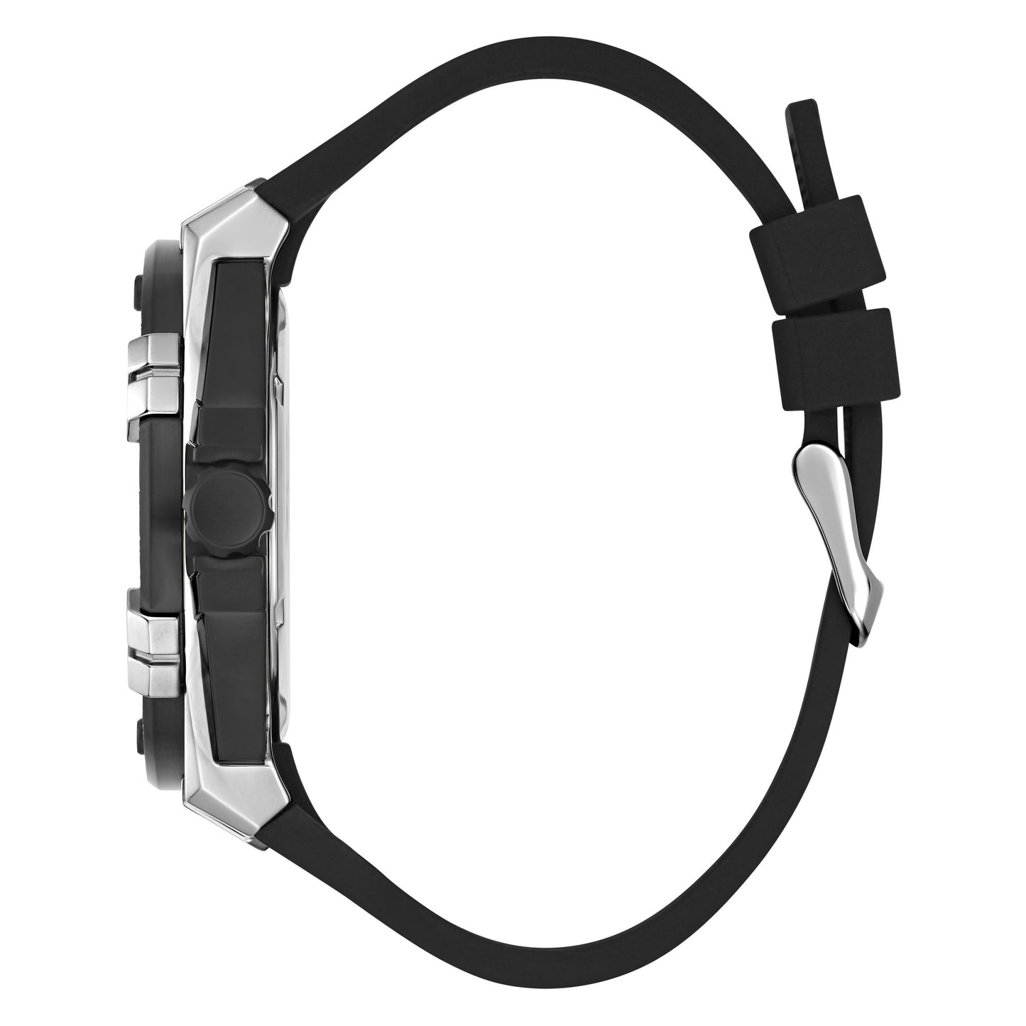A side profile view of a rugged smartwatch with a black silicone strap and a silver metallic case, shown against a plain white background.