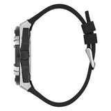 A side profile view of a rugged smartwatch with a black silicone strap and a silver metallic case, shown against a plain white background.