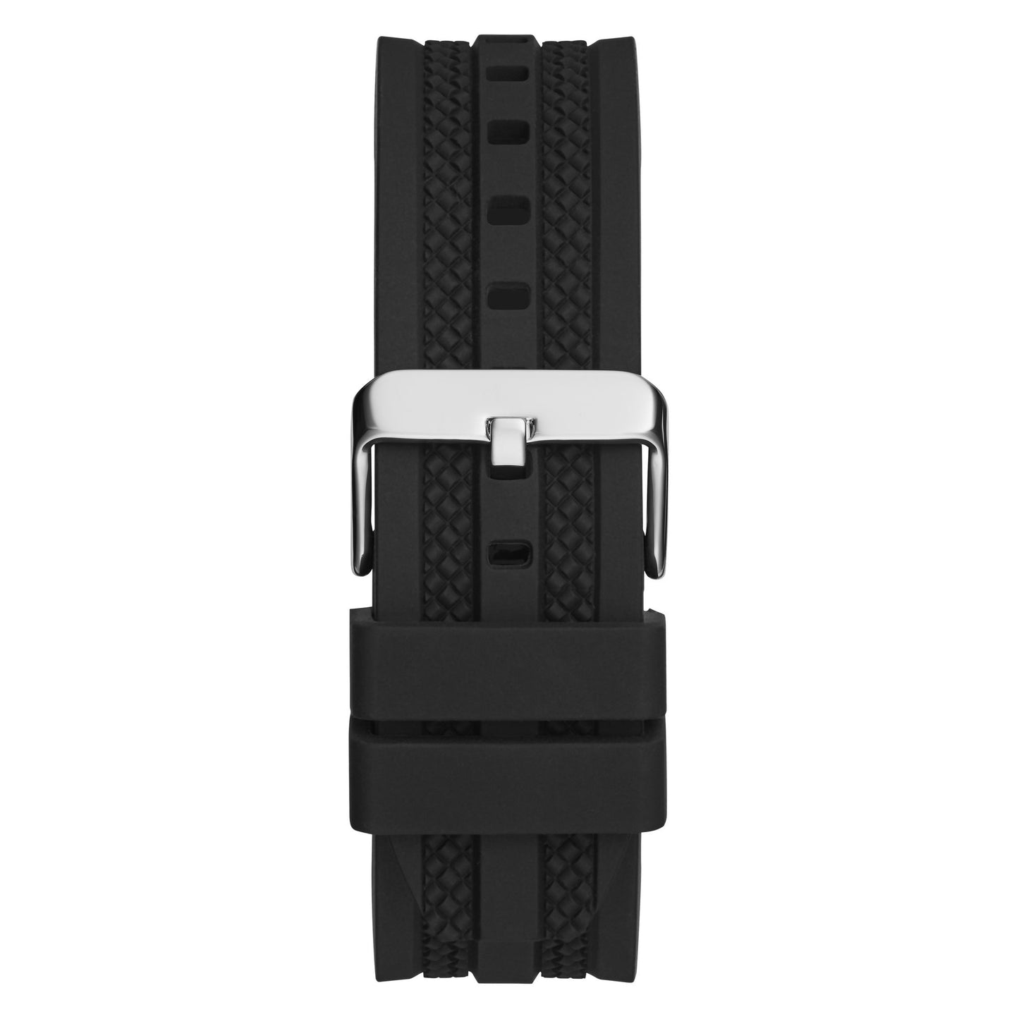 A black textured silicone watch strap with a silver metal buckle, shown vertically against a plain white background.