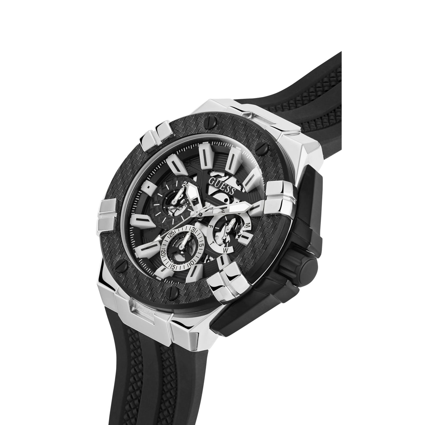 A luxury chronograph watch with a black textured bezel, silver-toned case, and a black textured strap, shown on a solid white background.