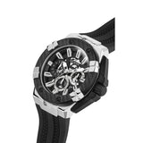 A luxury chronograph watch with a black textured bezel, silver-toned case, and a black textured strap, shown on a solid white background.