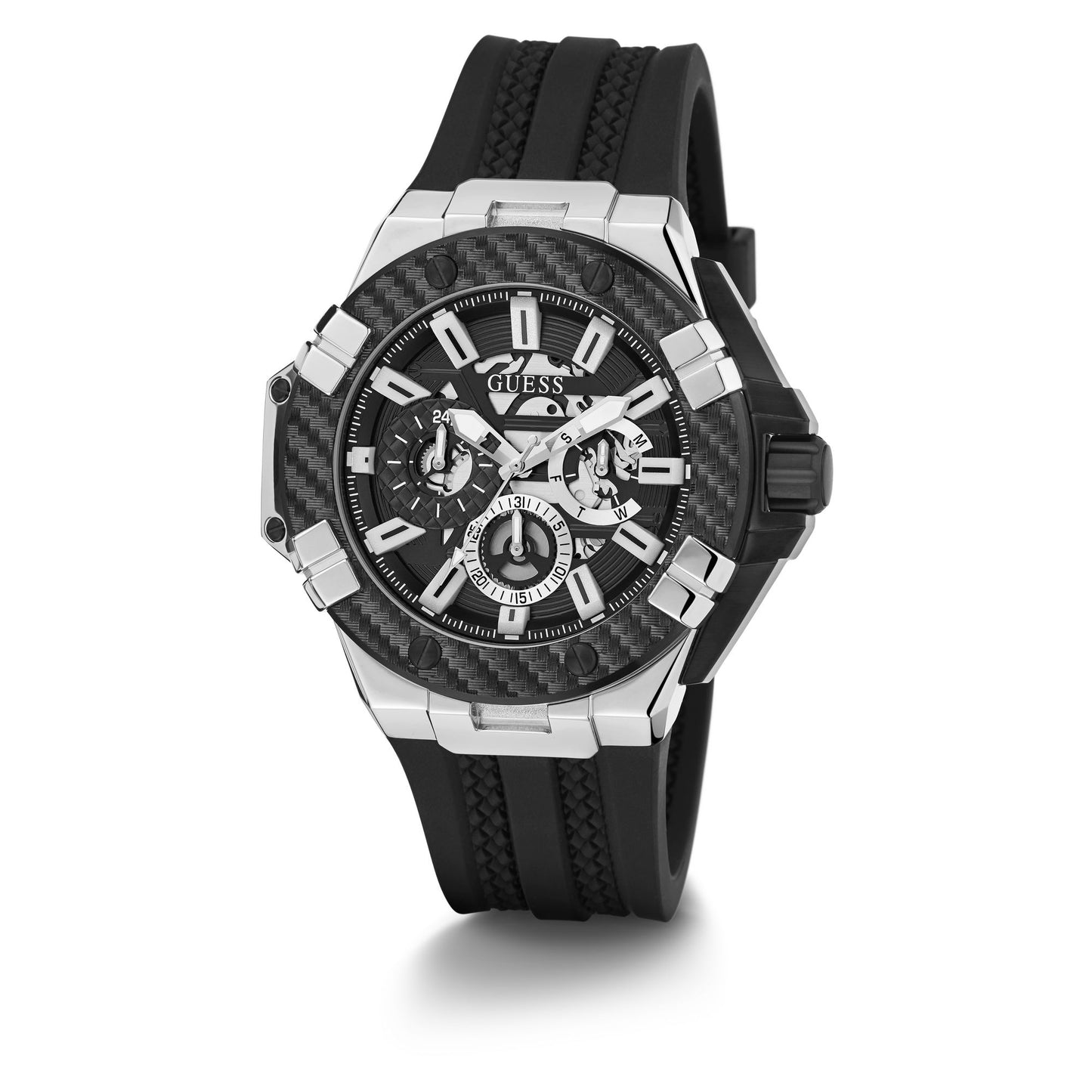 A Guess men's sport watch featuring a black carbon fiber bezel, a black dial with silver-tone subdials and markers, and a black textured rubber strap, shown on a white background.