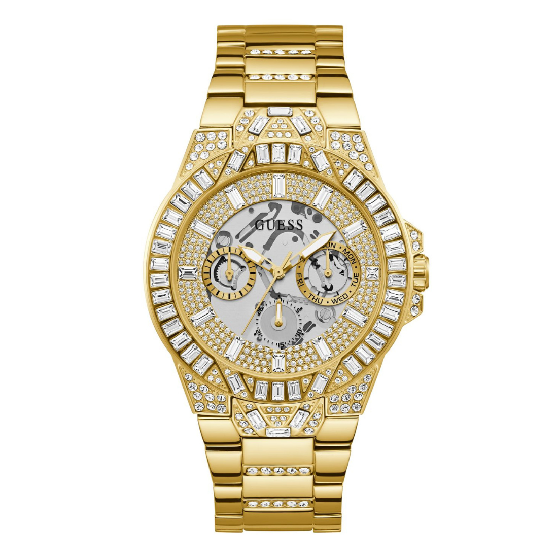 Gold watch with diamond-studded face on a white background