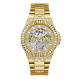Gold watch with diamond-studded face on a white background