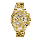 Gold wristwatch with diamond accents on a white background