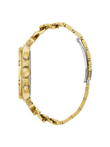 Gold watch with a detailed case on a white background