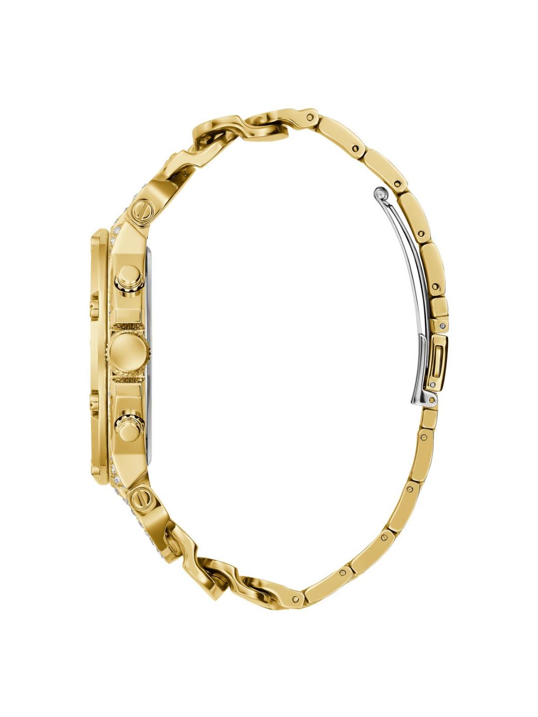 Gold watch with a detailed case on a white background