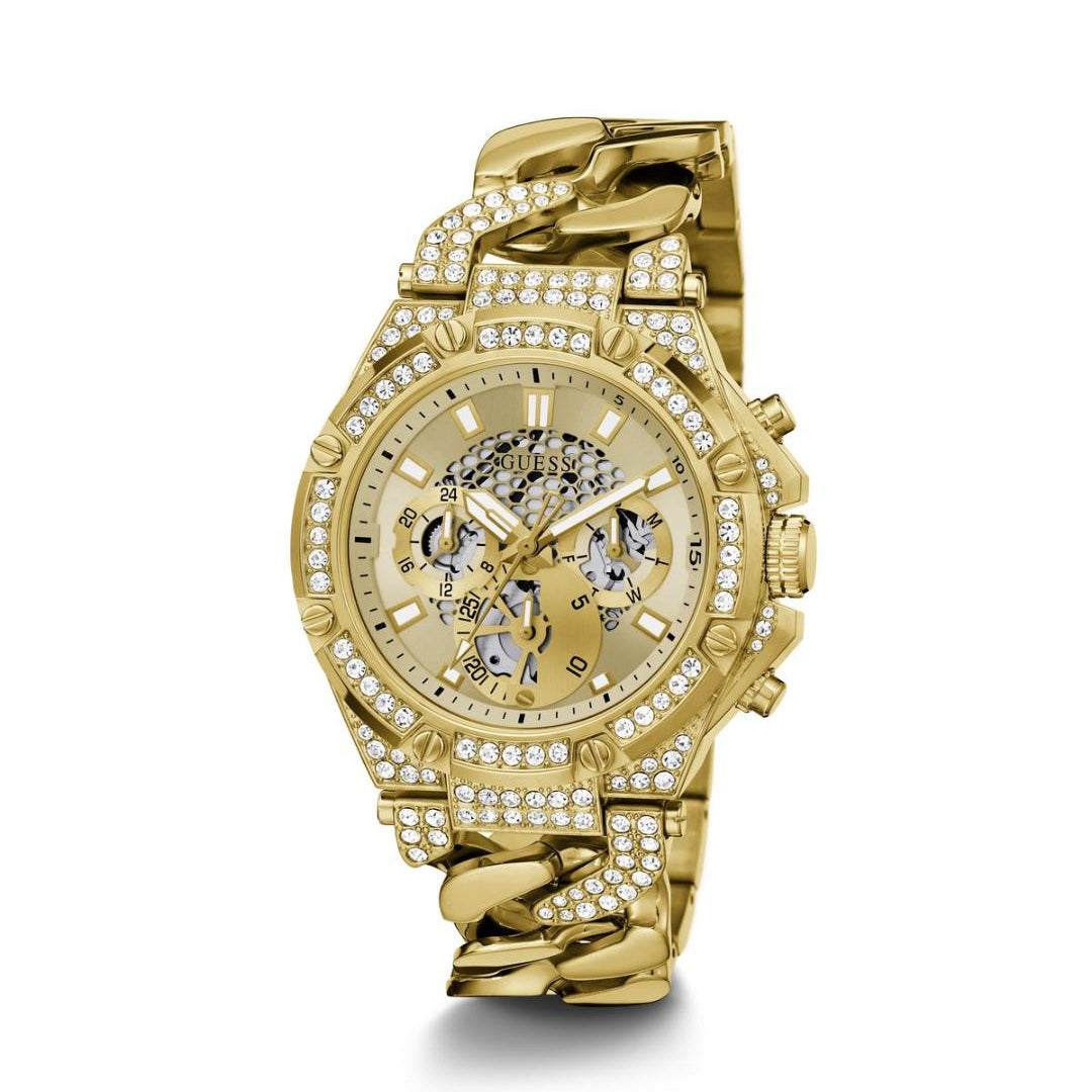 Gold wristwatch with diamond-studded band on a white background