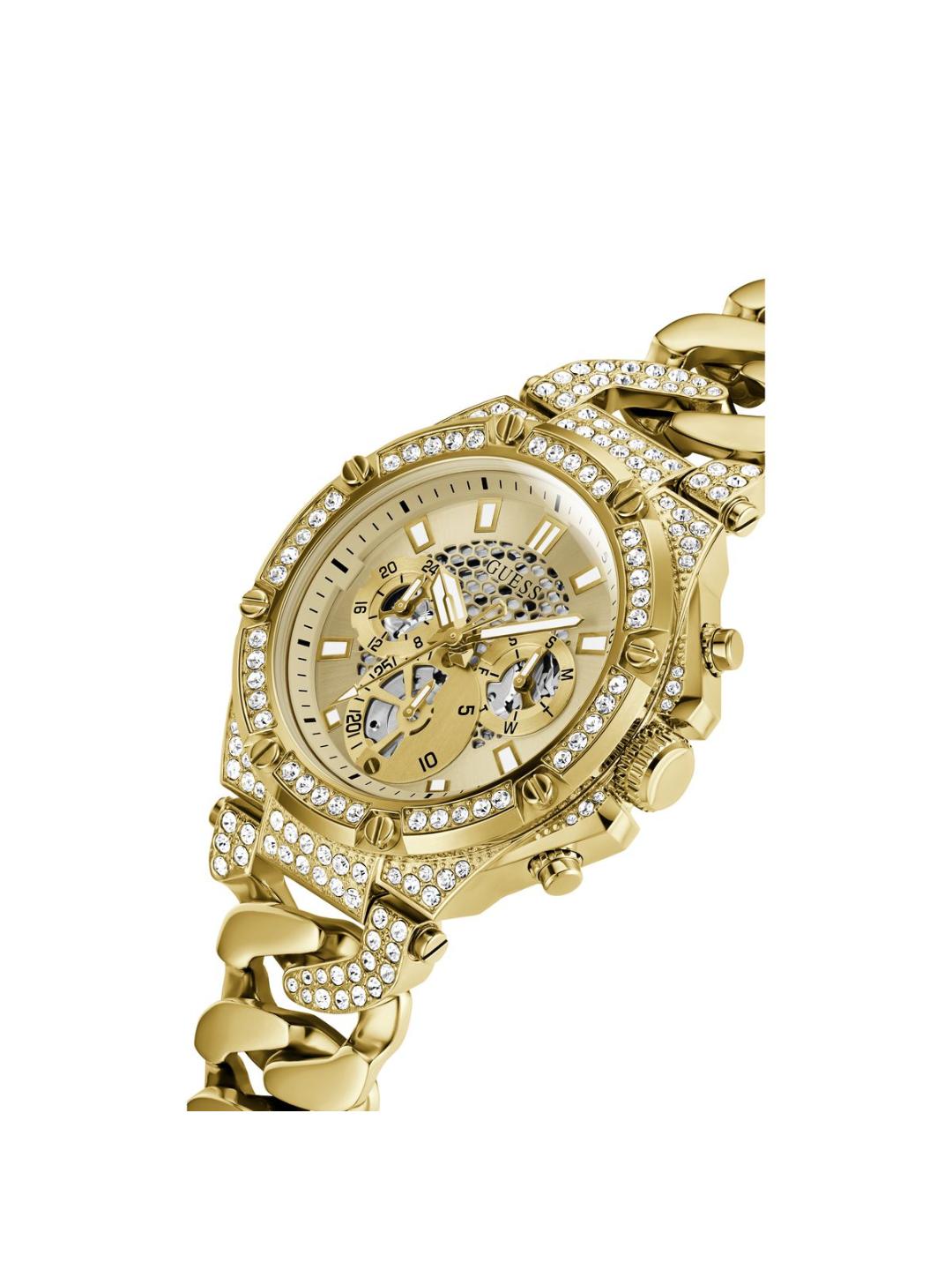 Gold wristwatch with diamond-studded band on a white background