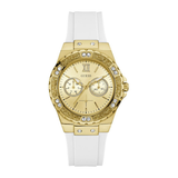 Gold watch with white strap on a white background