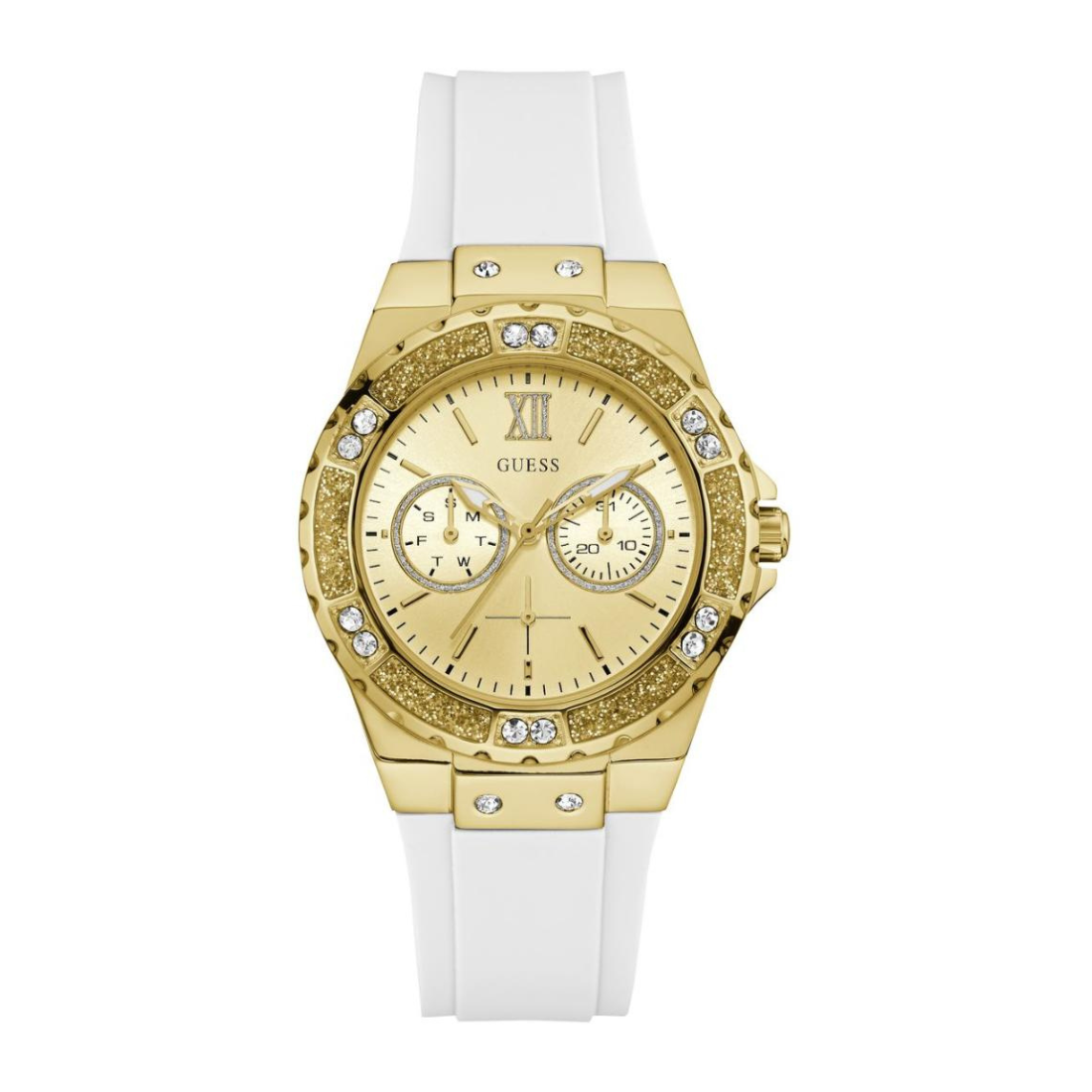 Gold watch with white strap on a white background