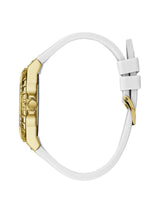 Gold watch case with white strap on a white background