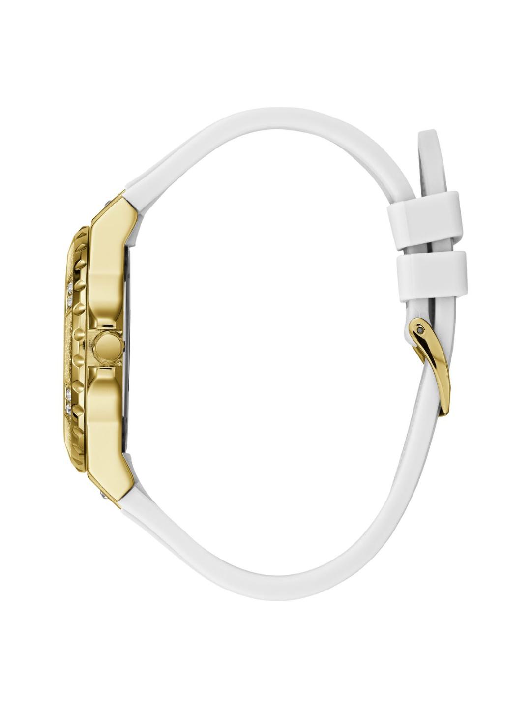 Gold watch case with white strap on a white background