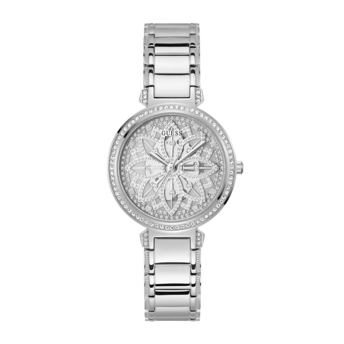 Silver watch with floral design on the dial against a white background