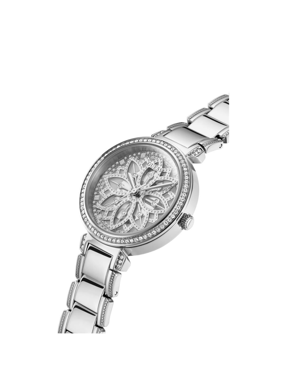 Silver watch with intricate face design on a white background