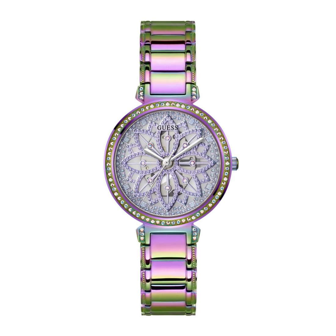 Multicolored watch with a silver face on a white background