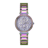 Multicolored watch with a silver face on a white background