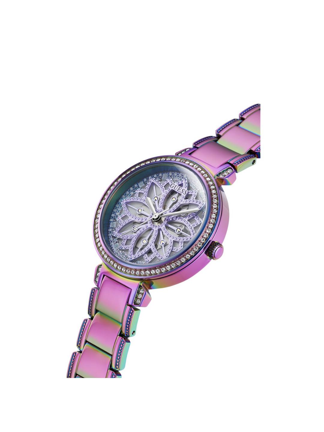 Multicolored watch with decorative face on a white background