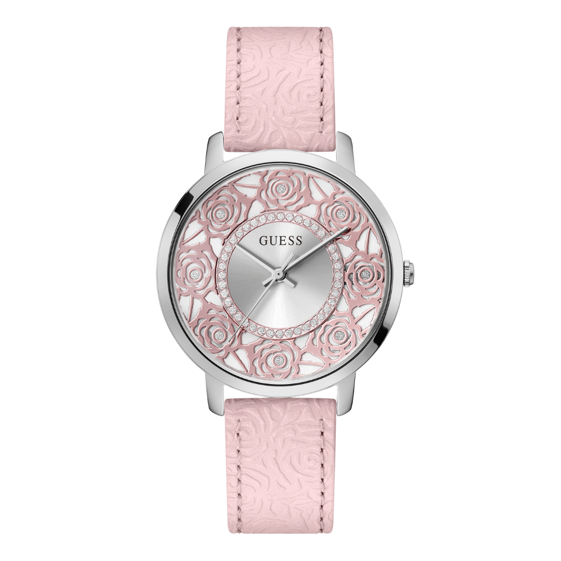 Pink watch with floral design on a white background