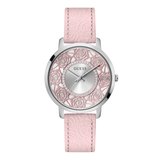 Pink watch with floral design on a white background