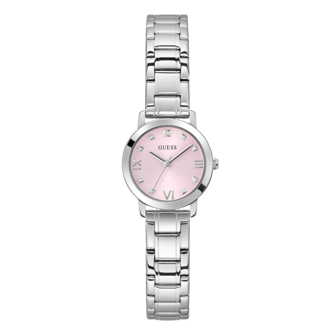 Silver watch with a pink face on a white background
