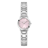 Silver watch with a pink face on a white background