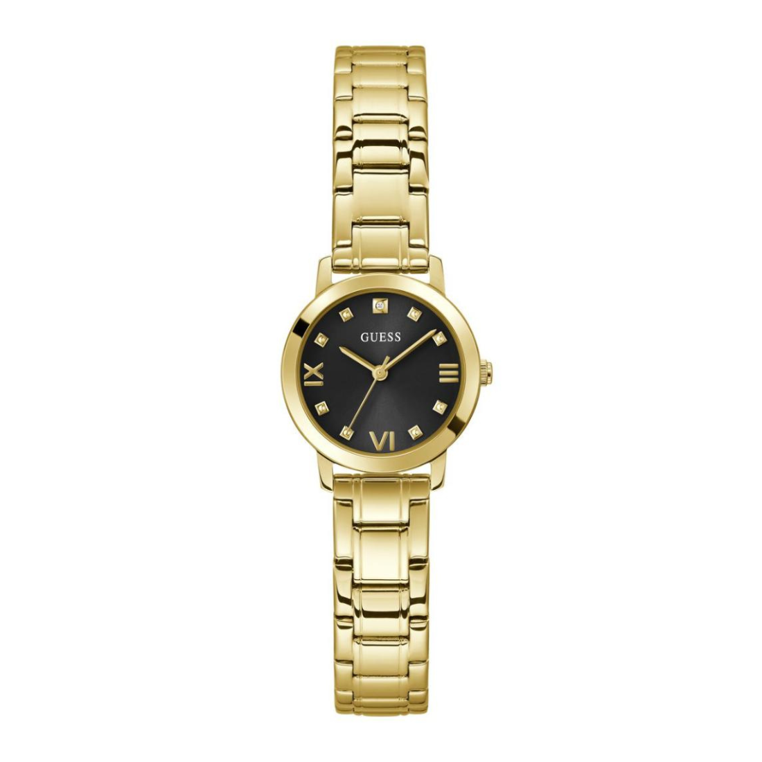 Gold watch with black dial on a white background