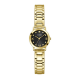 Gold watch with black dial on a white background