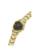 Gold watch with black dial on a white background