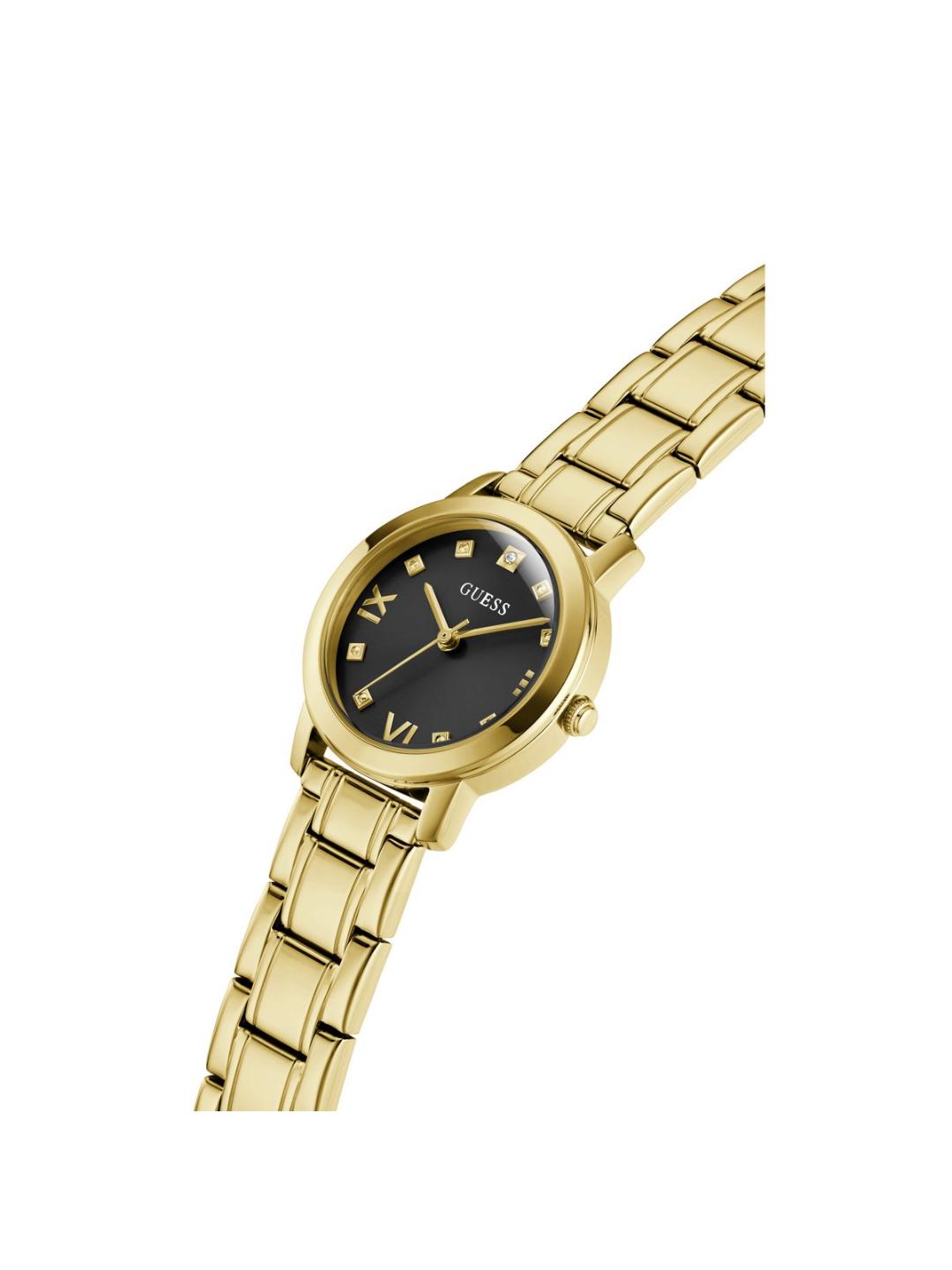 Gold watch with black dial on a white background