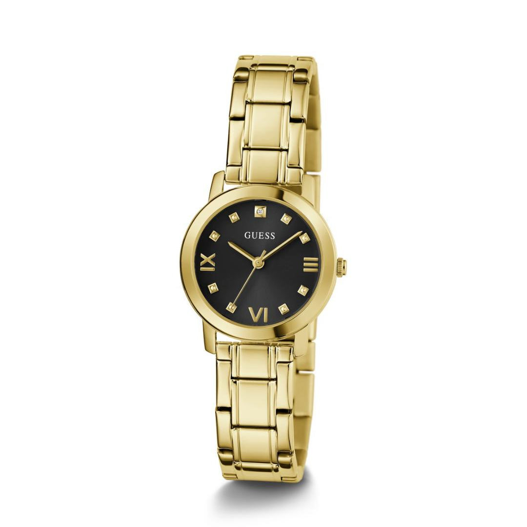 Gold watch with black dial on a white background
