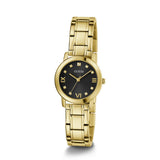 Gold watch with black dial on a white background