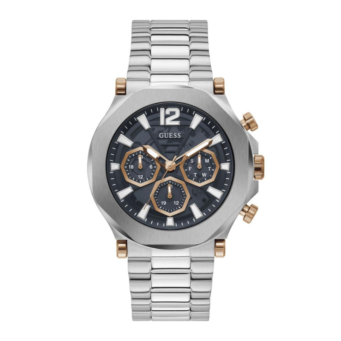 Silver and rose gold watch with black dial on a white background