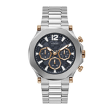 Silver and rose gold watch with black dial on a white background