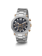 Silver and rose gold watch with black dial on a white background