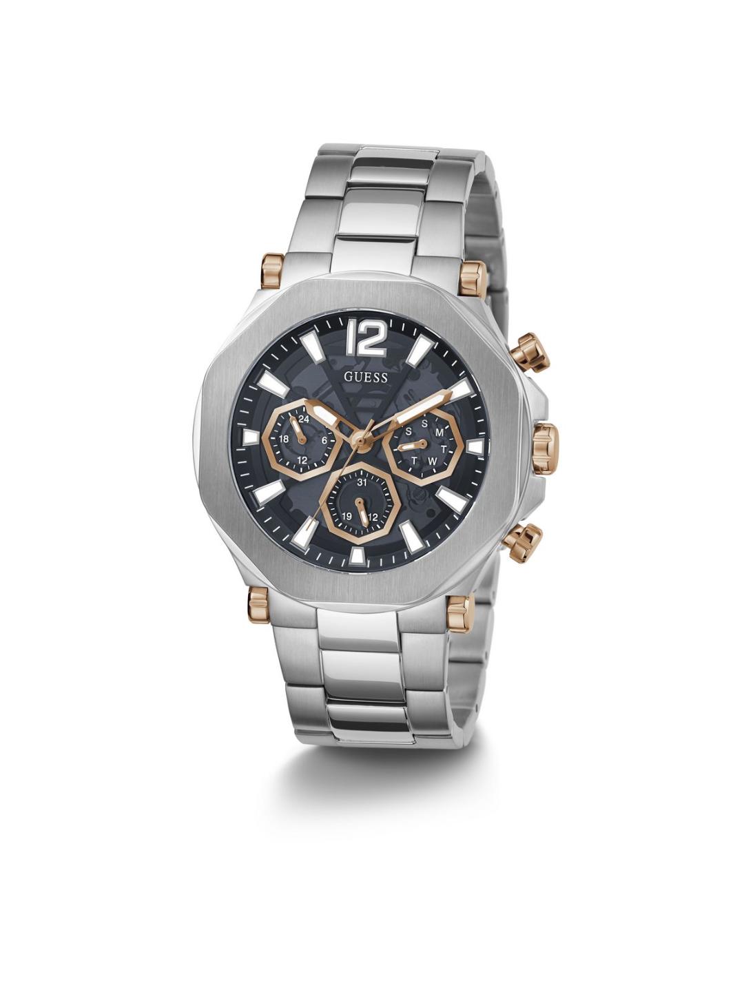 Silver and rose gold watch with black dial on a white background