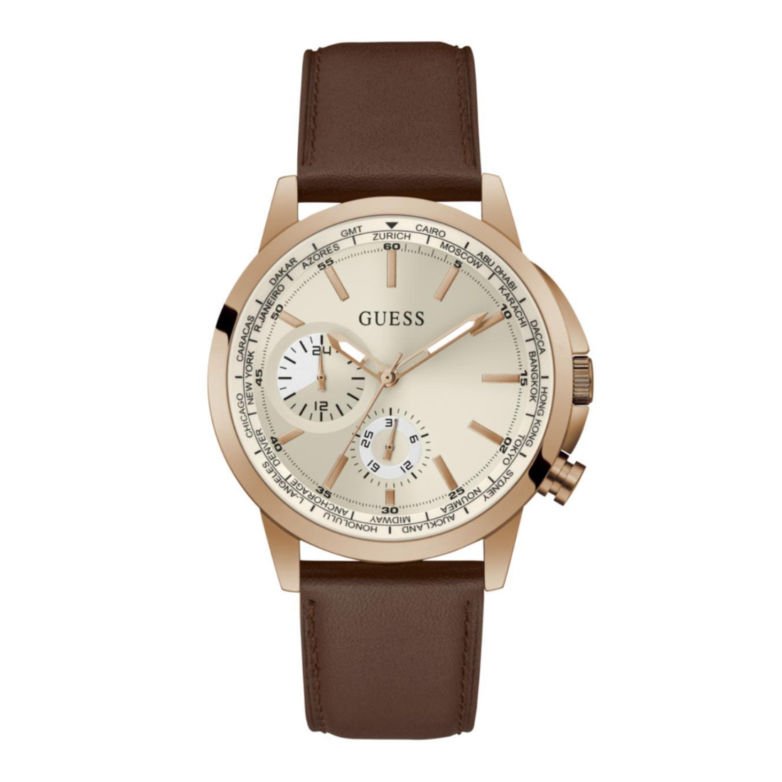 A GUESS men's analog watch featuring a rose gold-tone case, a cream-colored dial with multiple sub-dials, and a brown leather strap, shown against a plain white background.