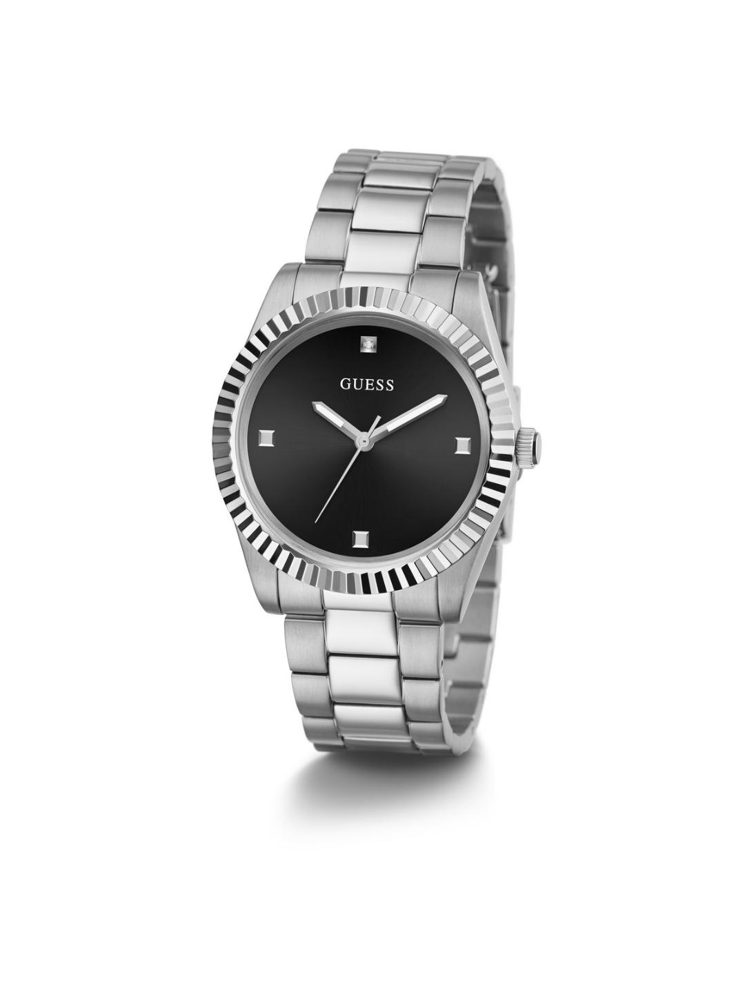Silver watch with black face on a white background