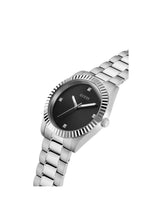 Silver watch with black dial on a white background
