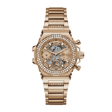 Rose gold watch with gemstone accents on a white background
