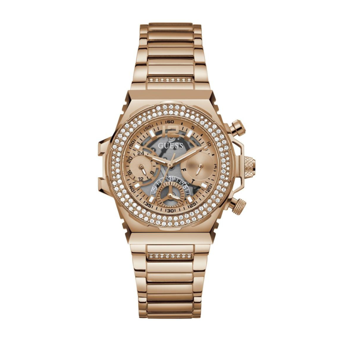 Rose gold watch with gemstone accents on a white background
