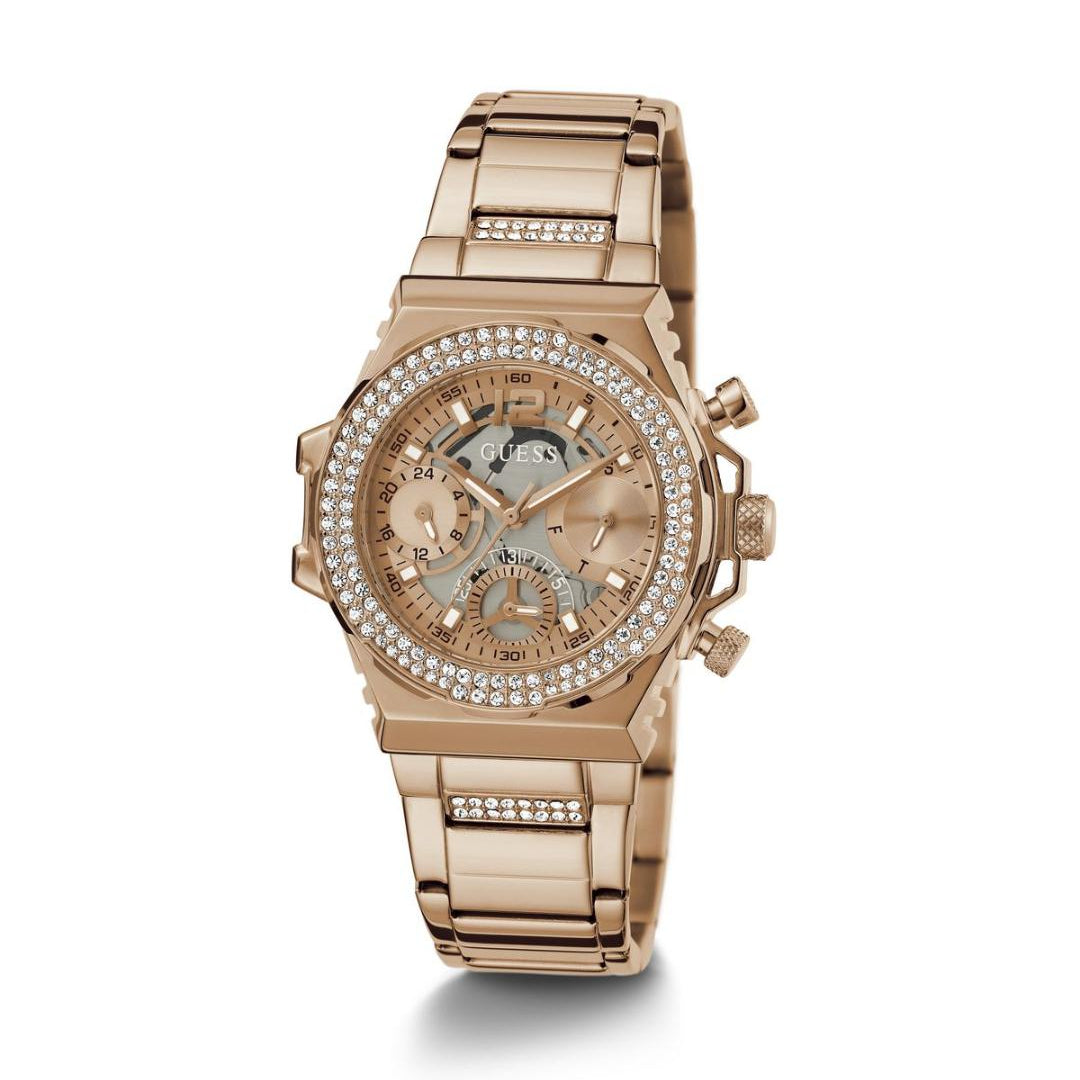 Rose gold watch with diamond-studded face on a white background