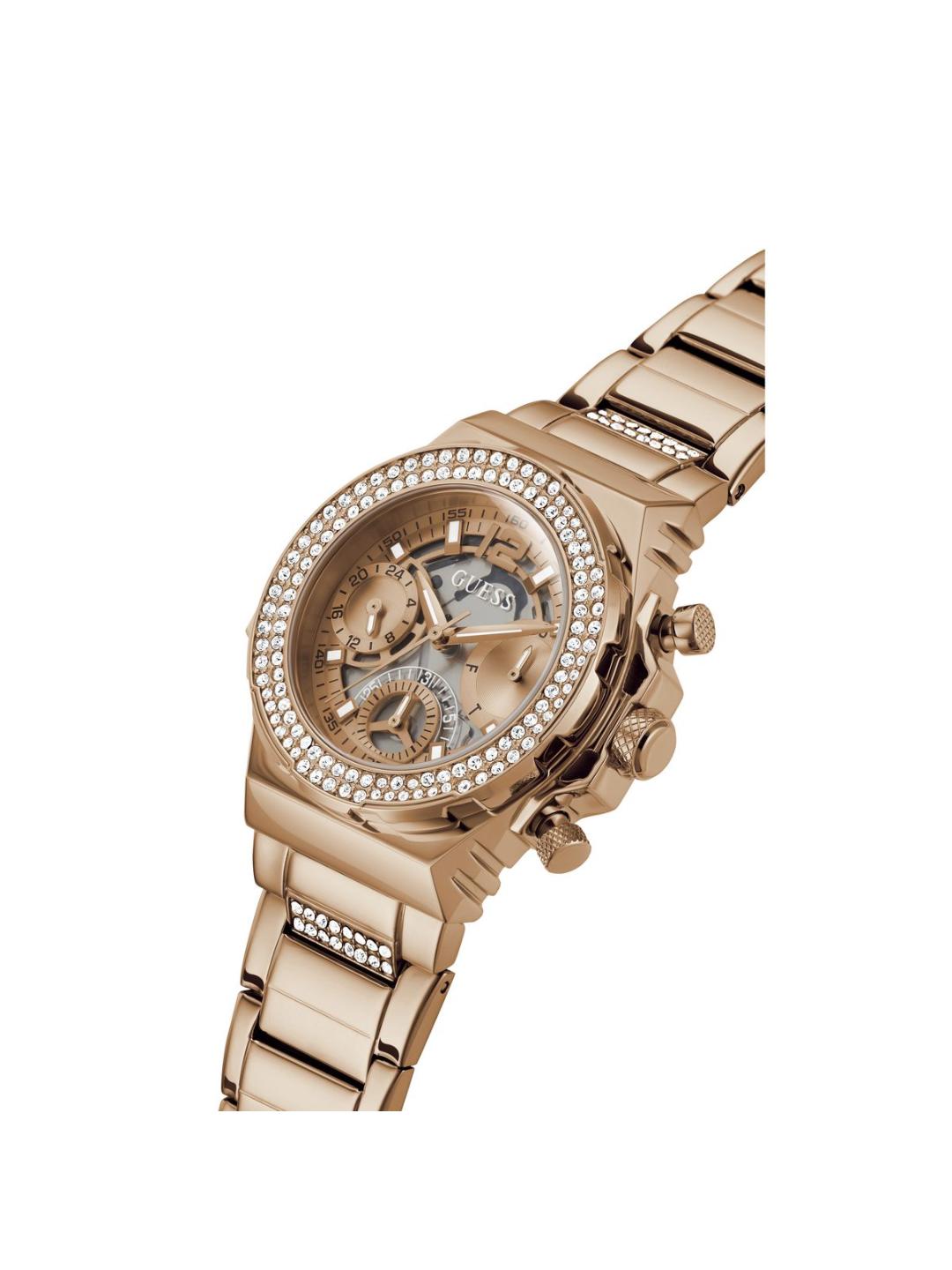Rose gold watch with diamond-studded bezel on a white background