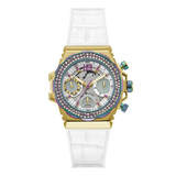 A luxury wristwatch with a gold-tone case, a bezel encrusted with clear rhinestones, a white dial with three subdials, and a white textured alligator strap, shown on a plain white background.