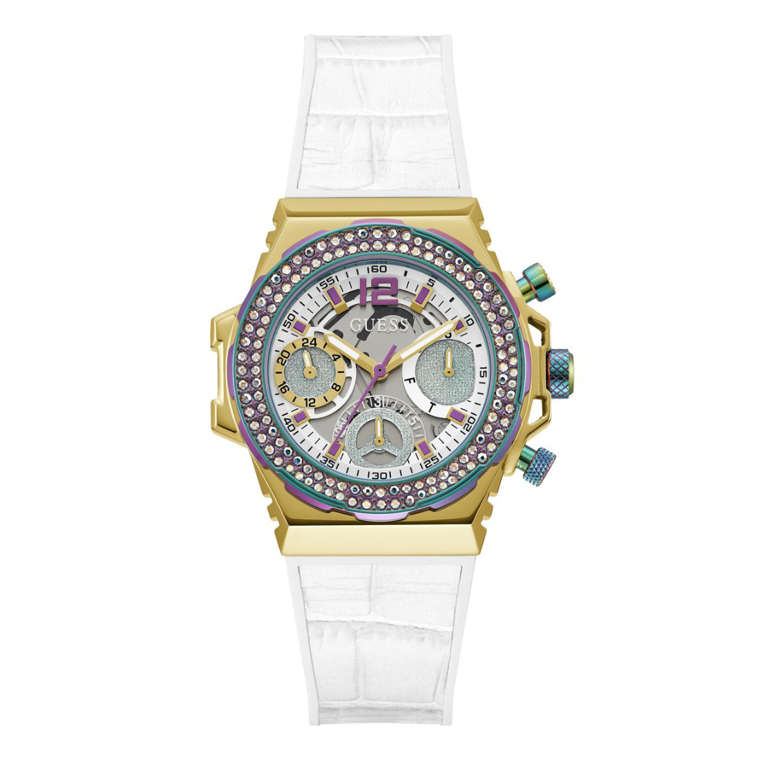 A luxury wristwatch with a gold-tone case, a bezel encrusted with clear rhinestones, a white dial with three subdials, and a white textured alligator strap, shown on a plain white background.
