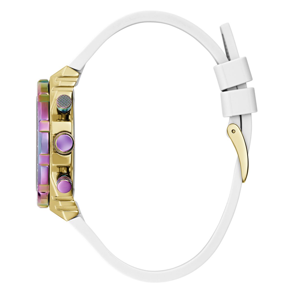 A side profile view of a watch with a white strap, a gold-toned case, and a colorful iridescent bezel with purple accents, set against a plain white background.
