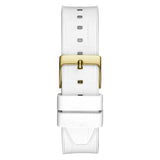 A white textured leather watch strap with a polished gold buckle, shown vertically against a solid white background.