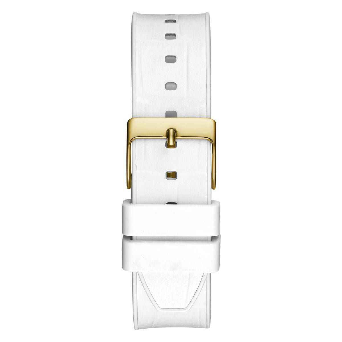 A white textured leather watch strap with a polished gold buckle, shown vertically against a solid white background.