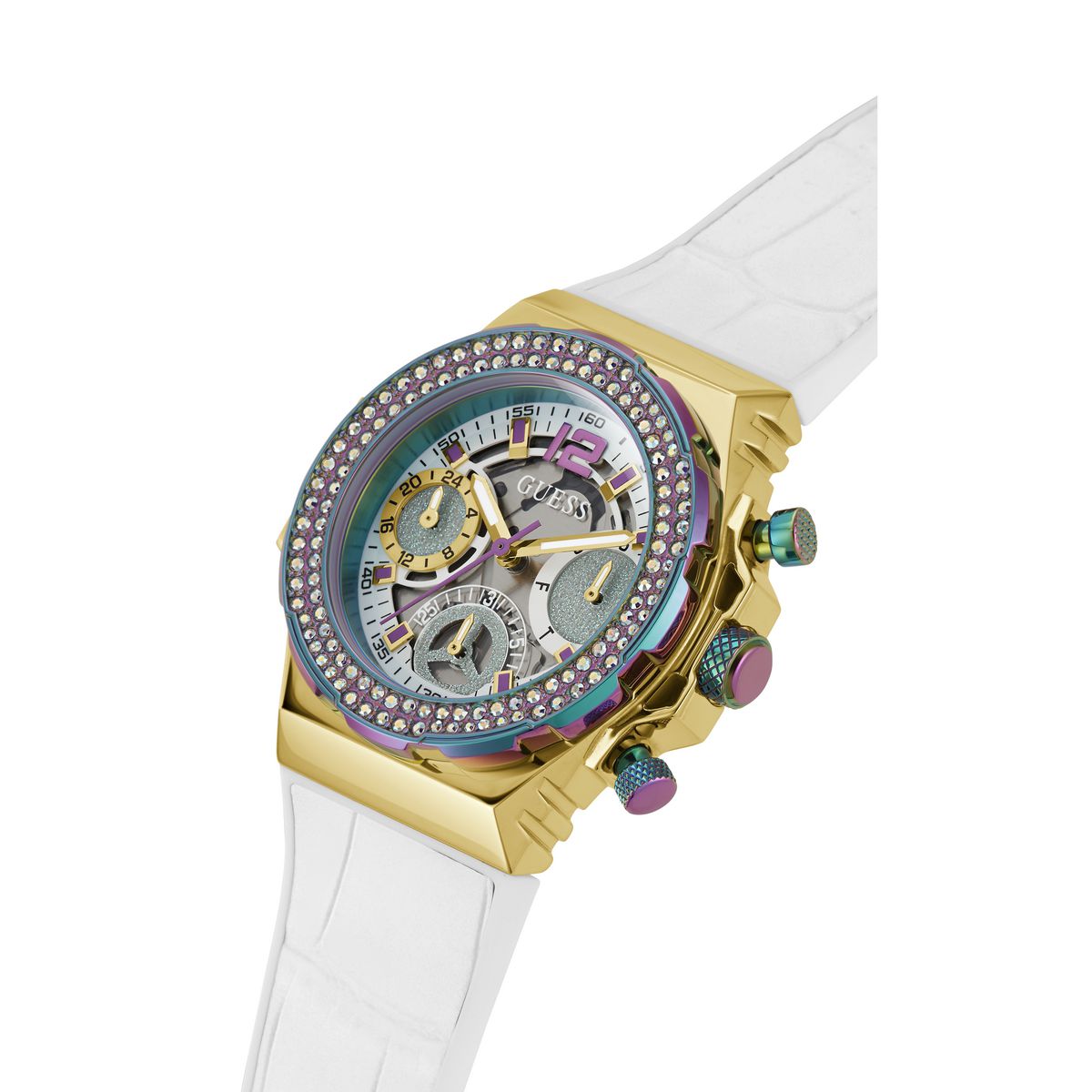 A luxury chronograph watch featuring a gold-tone case, a bezel set with clear rhinestones, a multicolor iridescent dial with skeletonized subdials, and a white crocodile-embossed strap, shown on a solid white background.