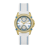 Gold watch with a white strap and blue accents on a white background